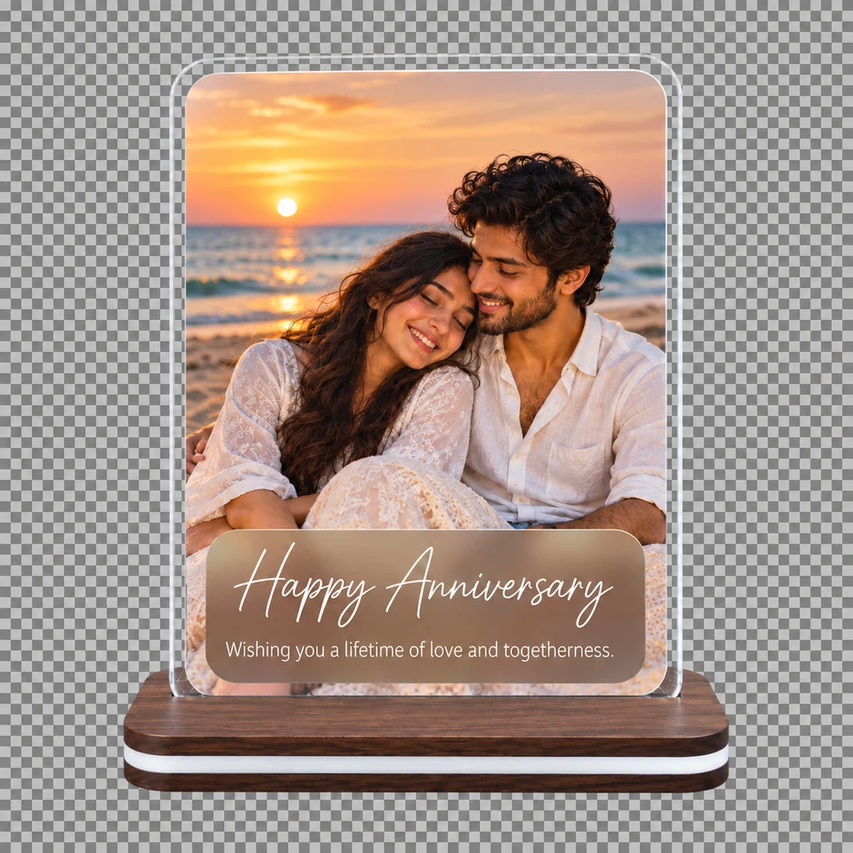 Personalised anniversary photo frame, with a clear acrylic edge and dark wooden LED stand