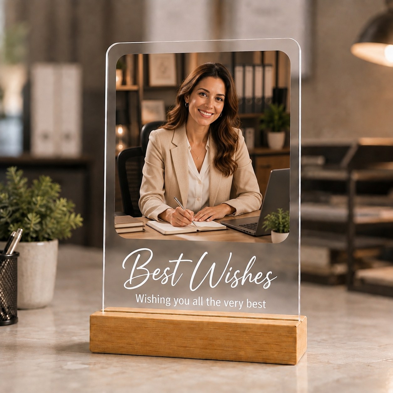 Best Wishes acrylic photo frame with example photograph and wording on its pinewood stand
