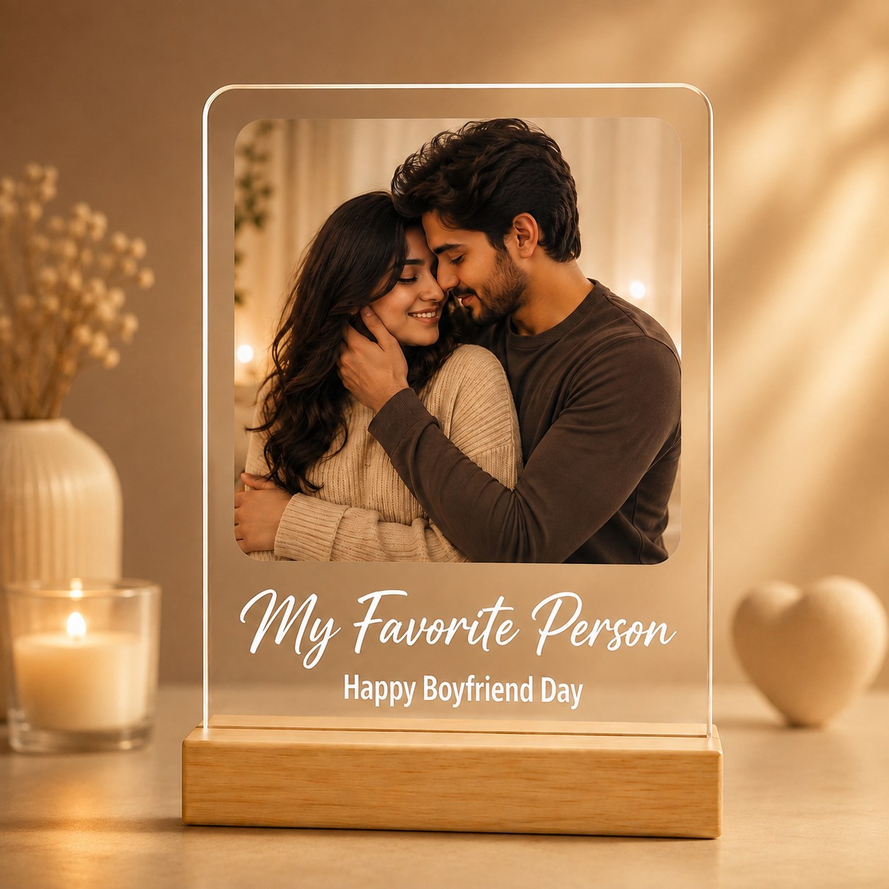 Boyfriend acrylic photo frame with example photograph and wording on its pinewood stand