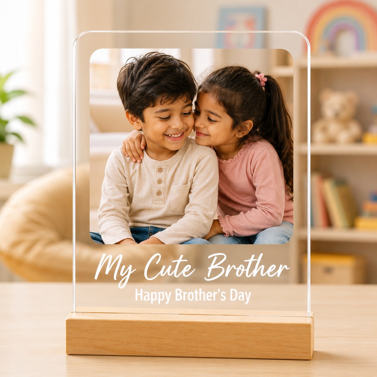 Brother acrylic photo frame with example photograph and wording on its pinewood stand