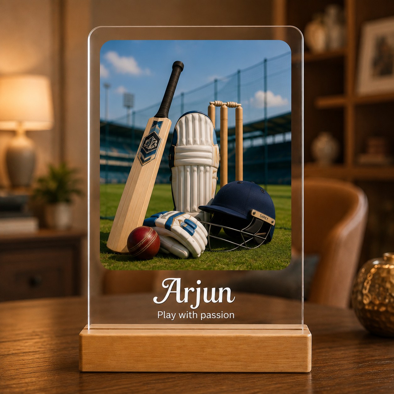 Game acrylic photo frame with example photograph and wording on its pinewood stand