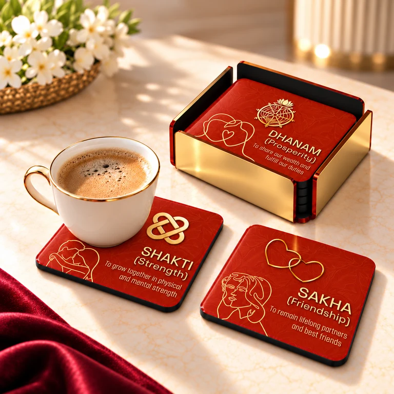 Gold acrylic stand and promise coasters, with a coffee cup on Shakti.