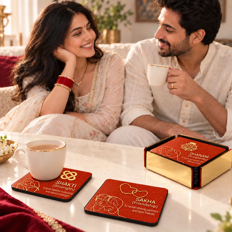 Illustrative lifestyle scene of an Indian newlywed couple enjoying coffee with their wedding promise coasters.
