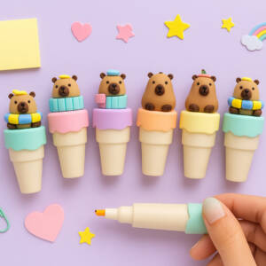 Tresneria Kids Cartoon Stationery Mini Highlighters Marker | Bear Cap Mini Highlighters in 6 Bright Colors | Set of 6