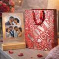Personalized Valentine’s Day Photo Frame with Wooden Stand & Premium Love Gift Bag | love couple photo frame Plaque Gift for Wife, Husband, Girlfriend, Boyfriend | Valentine Gift for Him & Her