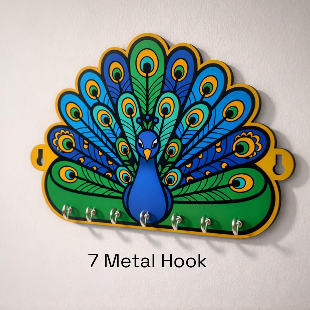 Beautiful Key Hanger for Wall | Mystical Peacock Design | 7 Hooks Metallic Hooks - Image 5