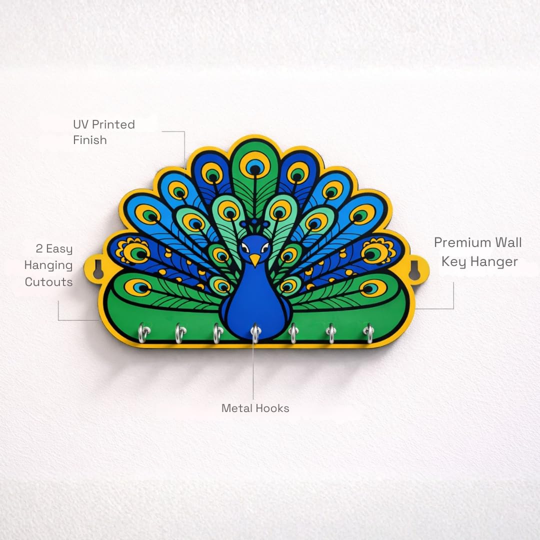 Beautiful Key Hanger for Wall | Mystical Peacock Design | 7 Hooks Metallic Hooks - Image 3
