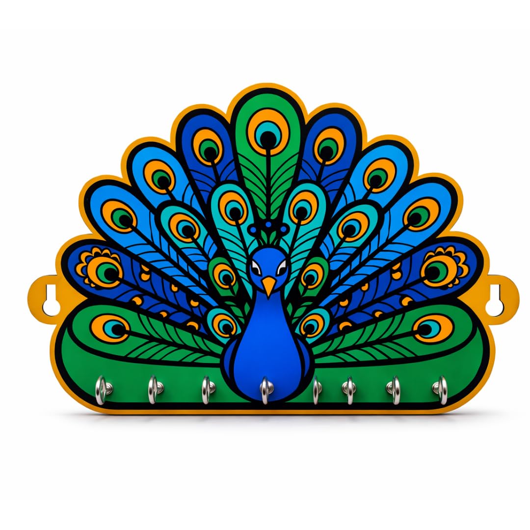 Beautiful Key Hanger for Wall | Mystical Peacock Design | 7 Hooks Metallic Hooks - Image 2