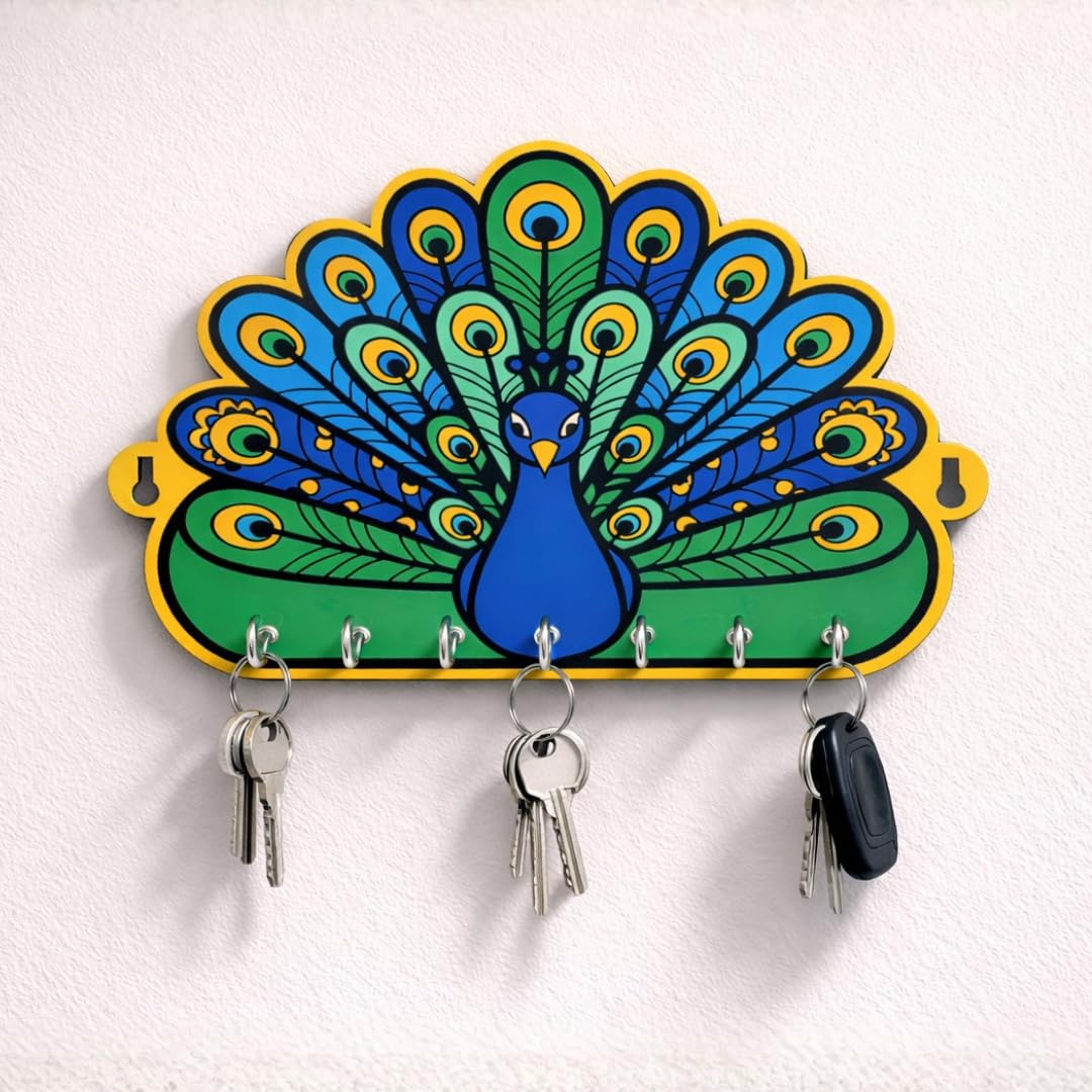 Beautiful Key Hanger for Wall | Mystical Peacock Design | 7 Hooks Metallic Hooks - Image 4