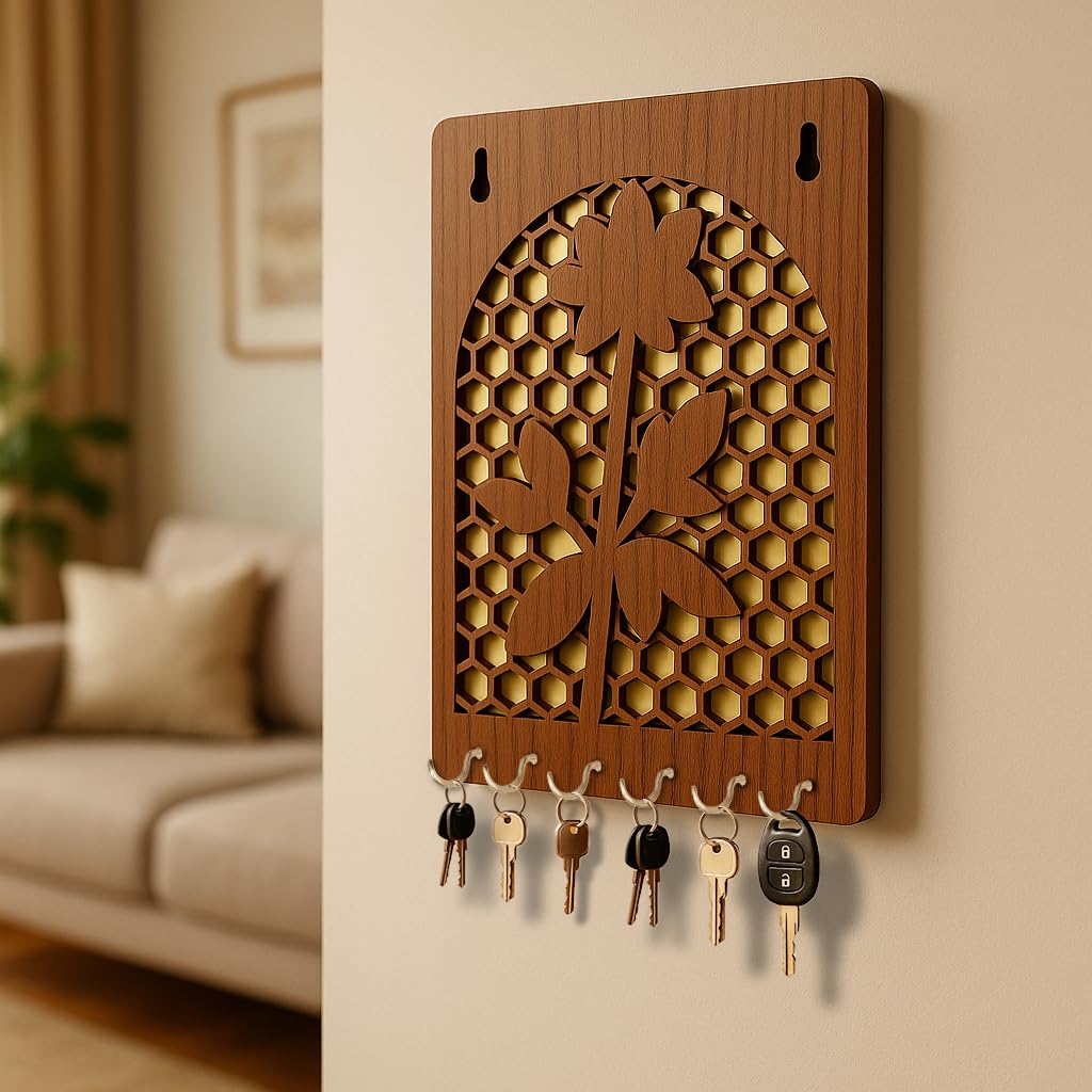 Key Hanger for Wall | Golden Honeycomb | 7 Hooks Metallic Hooks