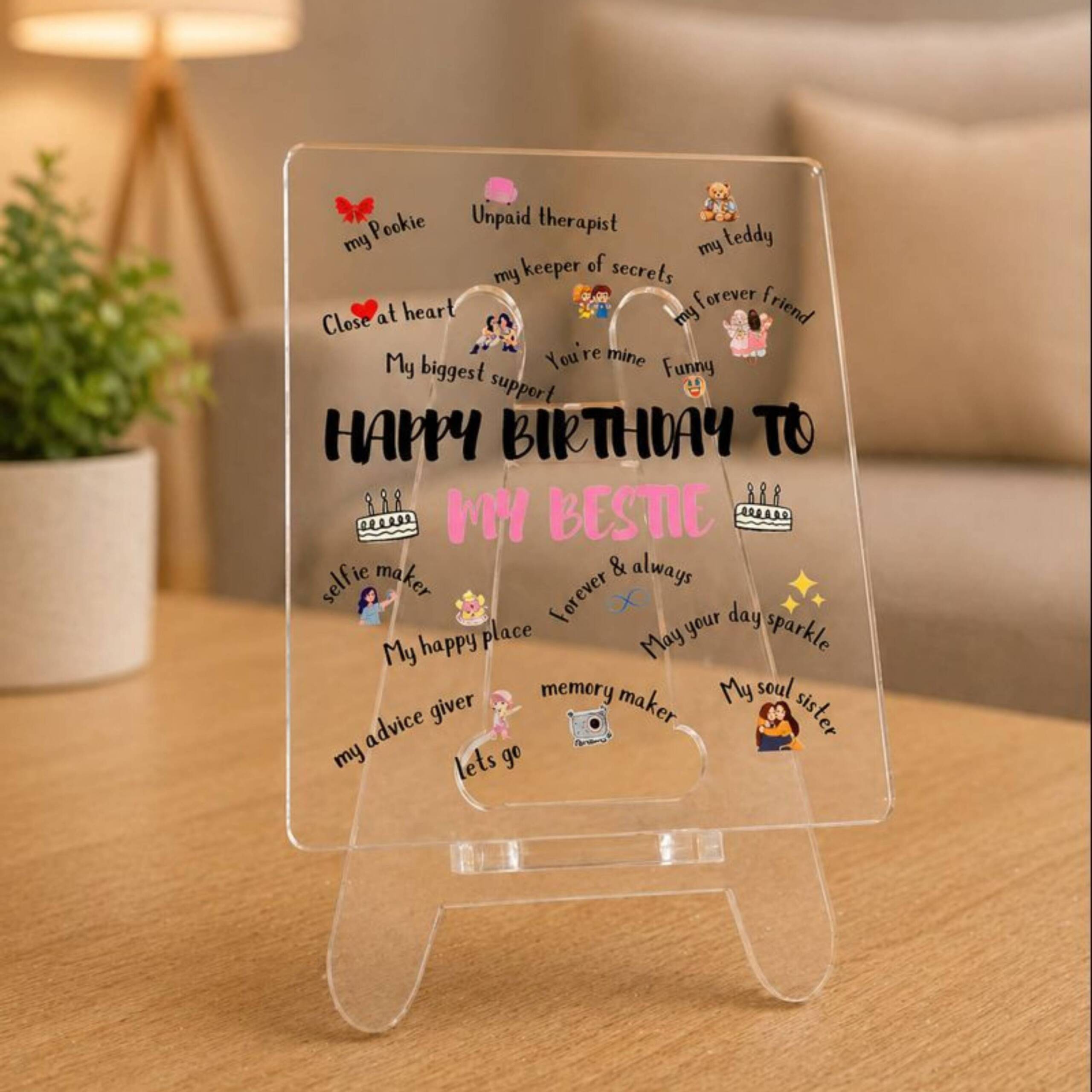 Happy Birthday Gift For Bestie | Transparent Acrylic Desk Frame with Stand (5x4 Inch) | Happy Birthday To My Bestie