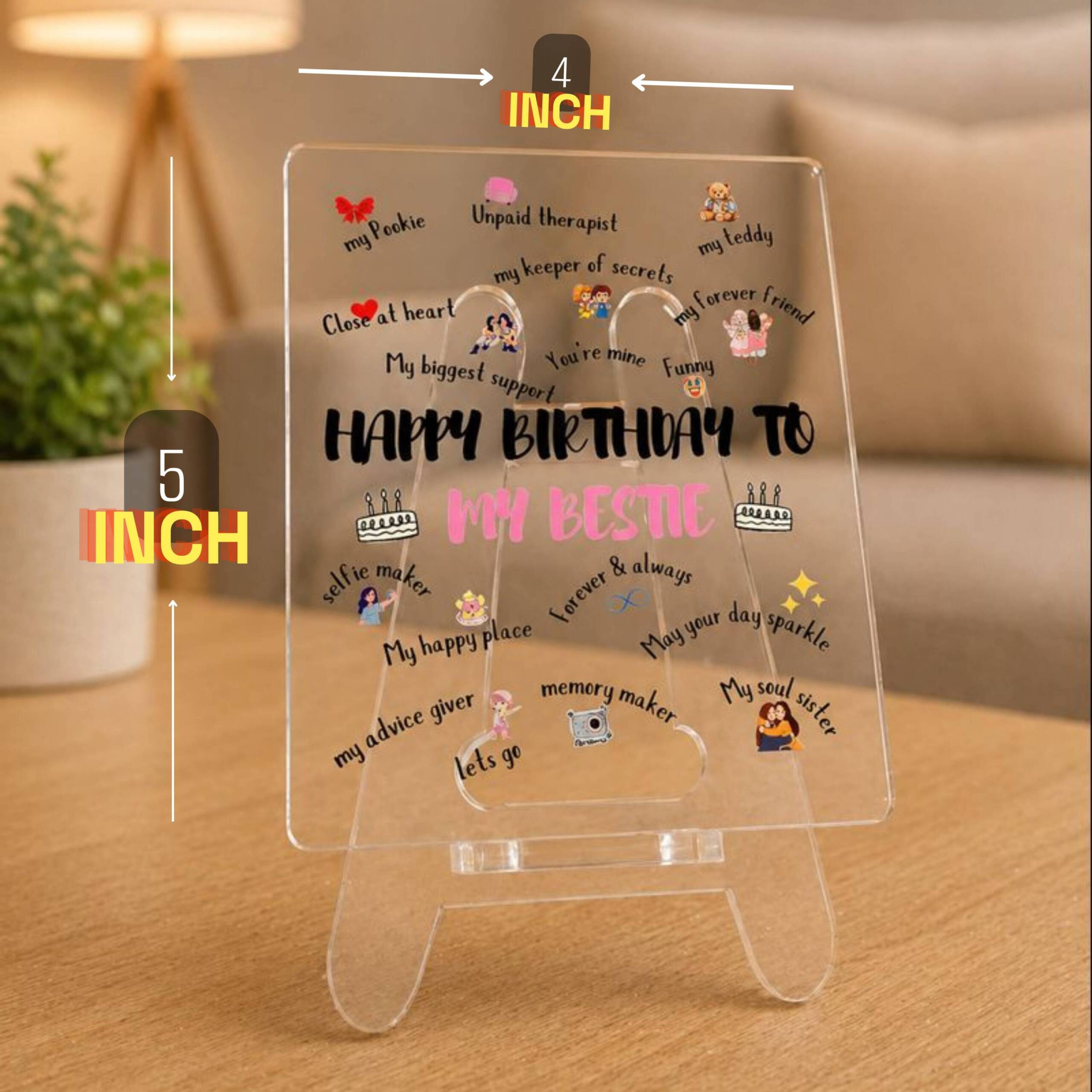 Happy Birthday Gift For Bestie | Transparent Acrylic Desk Frame with Stand (5x4 Inch) | Happy Birthday To My Bestie - Image 2