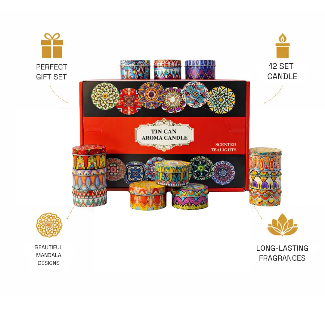 Set of 12 Aroma Candles Home Decor Gift Items – Long Burning Scented Set for Women, Home Ambience & Gifting Decorative Fragrance Candles in Designer Tins | Travel-Friendly | Ideal for Gifting & Home Décor - Image 4