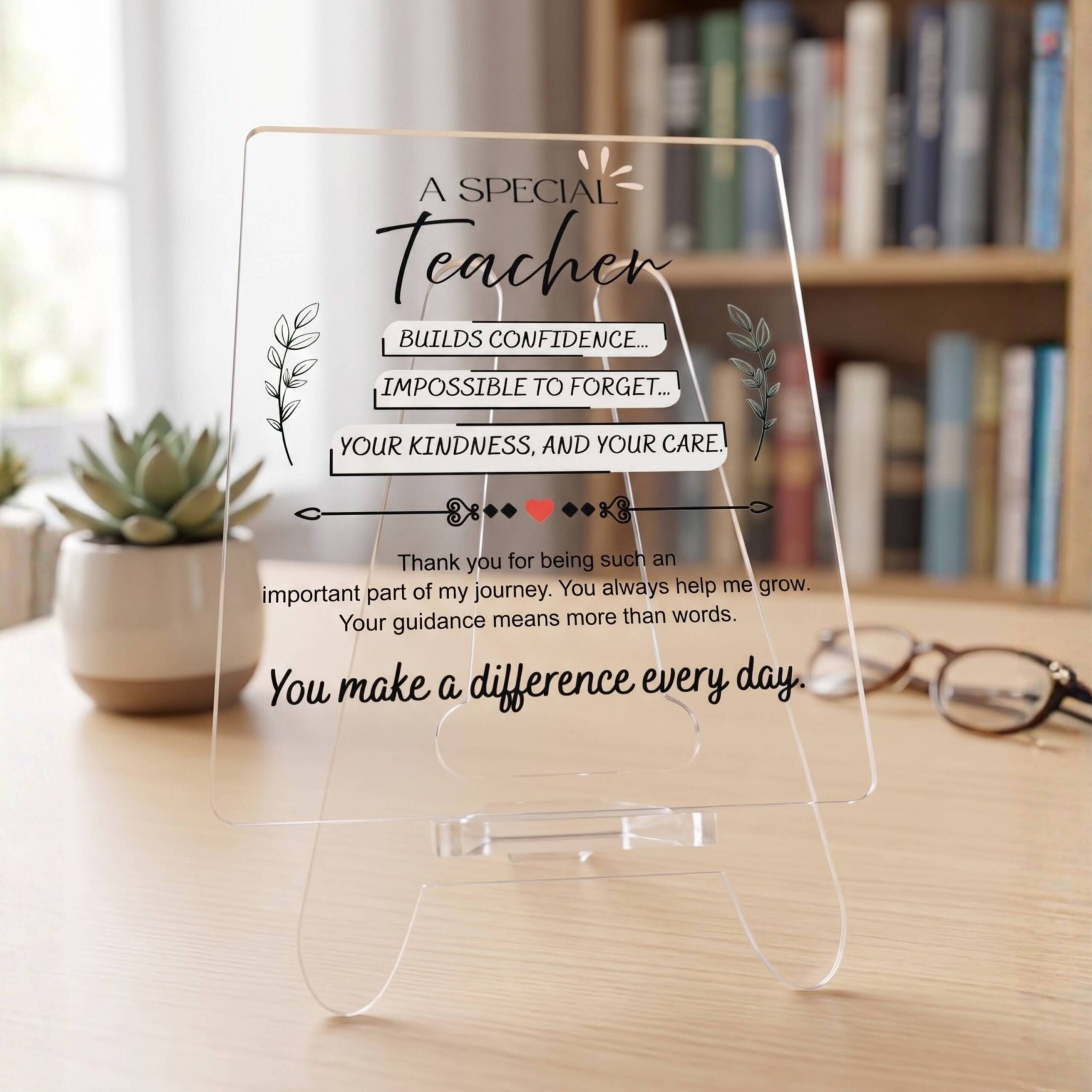A Special Gift For Teacher | Transparent Acrylic Desk Frame with Stand (5x4 Inch) | A Special Teacher Inspirational Acrylic Desk Sign Gift