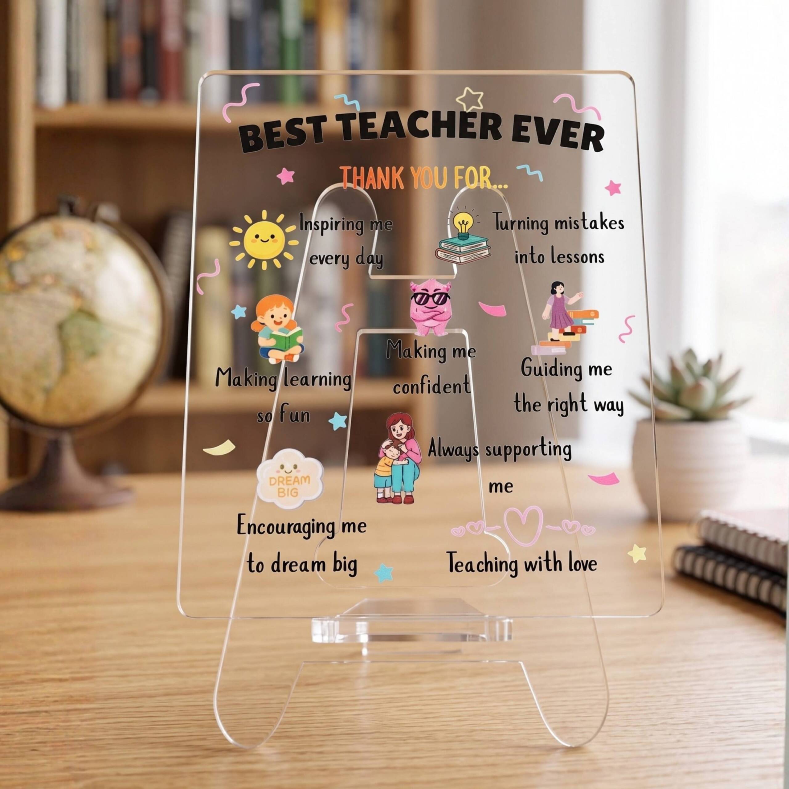 Best Teacher Ever Best Gift For Teacher| Transparent Acrylic Desk Frame with Stand (5x4 Inch)| Thank You Gift for Teachers