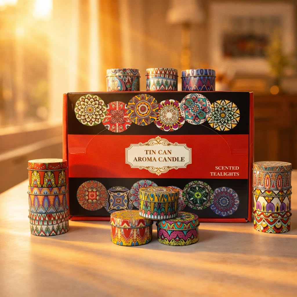 Set of 12 Aroma Candles Home Decor Gift Items – Long Burning Scented Set for Women, Home Ambience & Gifting Decorative Fragrance Candles in Designer Tins | Travel-Friendly | Ideal for Gifting & Home Décor