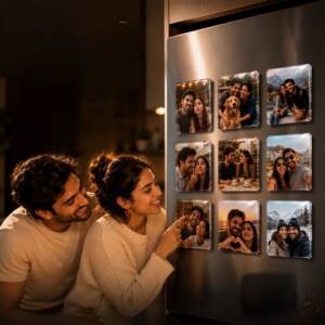 Personalised acrylic photo fridge magnets displayed on a refrigerator