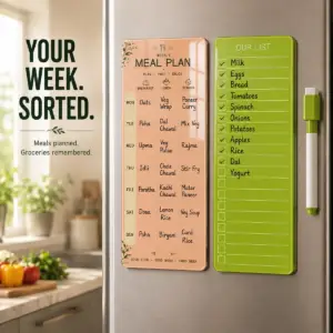 Green magnetic Meal Plan and Our List organizer set on a refrigerator