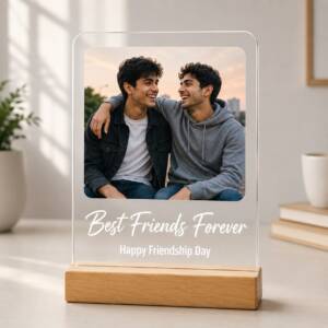 Best Friend acrylic photo frame with example photograph and wording on its pinewood stand