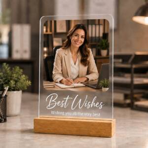 Best Wishes acrylic photo frame with example photograph and wording on its pinewood stand