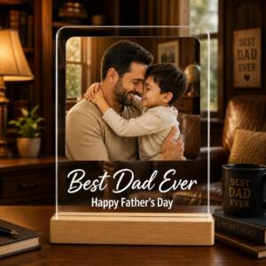Dad acrylic photo frame with example photograph and wording on its pinewood stand