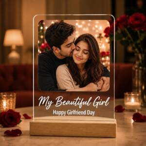 Girlfriend acrylic photo frame with example photograph and wording on its pinewood stand