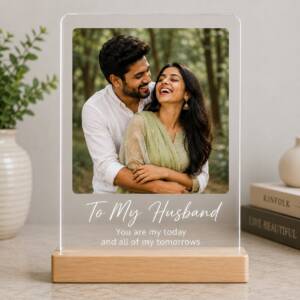 Husband acrylic photo frame with example photograph and wording on its pinewood stand