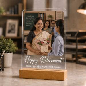 Retirement acrylic photo frame with example photograph and wording on its pinewood stand