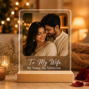 Wife acrylic photo frame with example photograph and wording on its pinewood stand